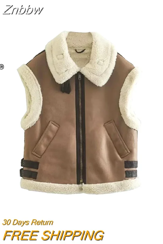 Znbbw TRAF 2023 Winter Women Thick Warm Fleece Faux Leather Jacket Sleeveless Waistcoat Coat Ladies Biker Vest Outwear Tops Wool Jacket Cashmere Jacket Tweed Jacket