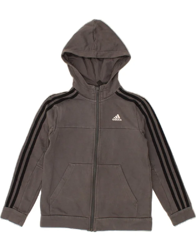 ADIDAS Boys Zip Hoodie Sweater 9-10 Years Grey Cotton Hoodie with Drop Shoulder Relaxed Streetwear