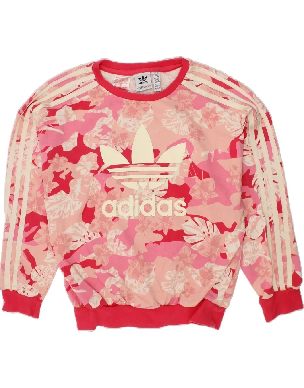 ADIDAS Girls Graphic Sweatshirt Jumper 9-10 Years Pink Floral Cotton Hoodie Sweatshirt Pullover