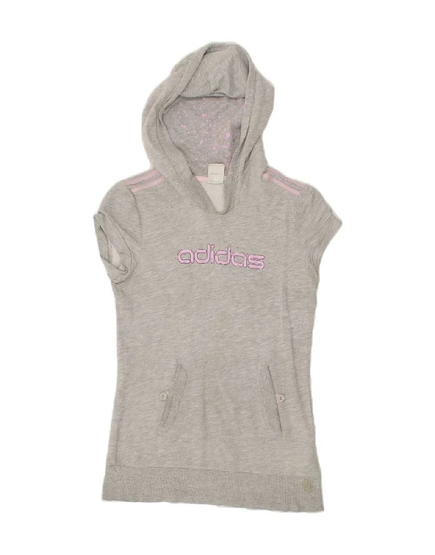 ADIDAS Womens Graphic Short Sleeve Hoodie Jumper UK 10 Small  Grey Cotton Hoodie with Rhinestones Sparkly Elegant