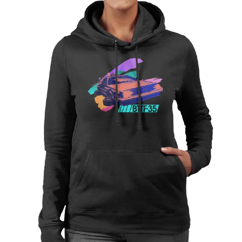 Back to the Future 35th Anniversary Delorean Flying Women's Hooded Sweatshirt Hoodie with Color Block Contrast Stylish