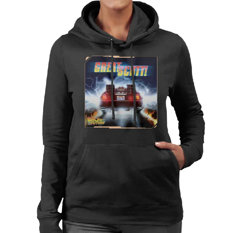 Back to the Future Delorean Great Scott Women's Hooded Sweatshirt Hoodie with Hem Applique Textured Unique