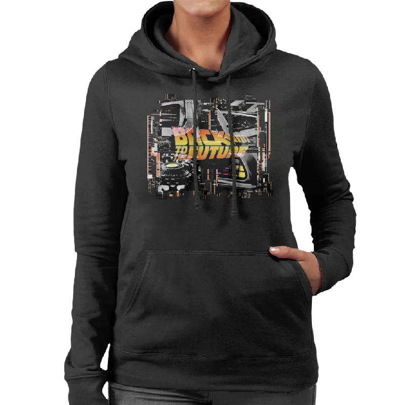 Back to the Future Delorean Montage Women's Hooded Sweatshirt Hoodie with Snap Buttons Easy Quick