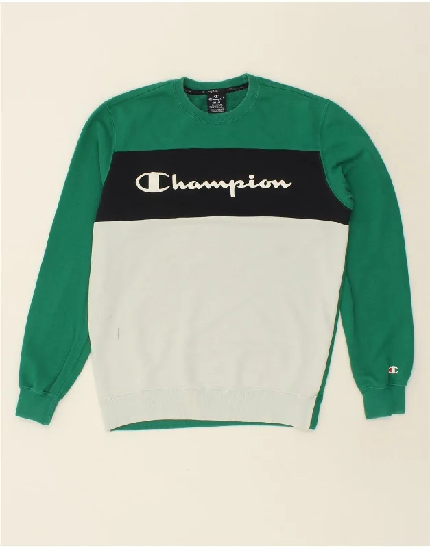 CHAMPION Mens Graphic Sweatshirt Jumper Small Green Colourblock Cotton Hoodie with Button Classic Timeless