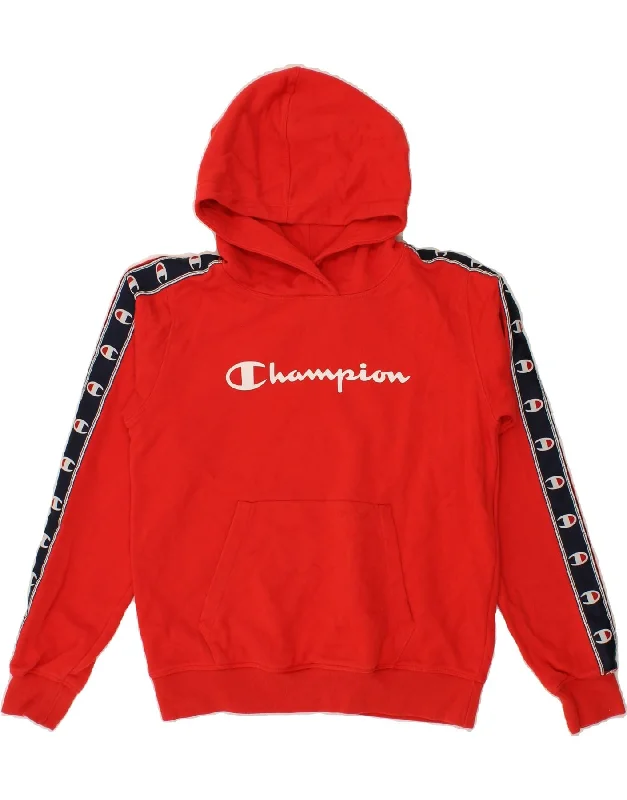 CHAMPION Womens Oversized Graphic Hoodie Jumper UK 10 Small Red Cotton Hoodie with Strings Custom Fit Adjustable