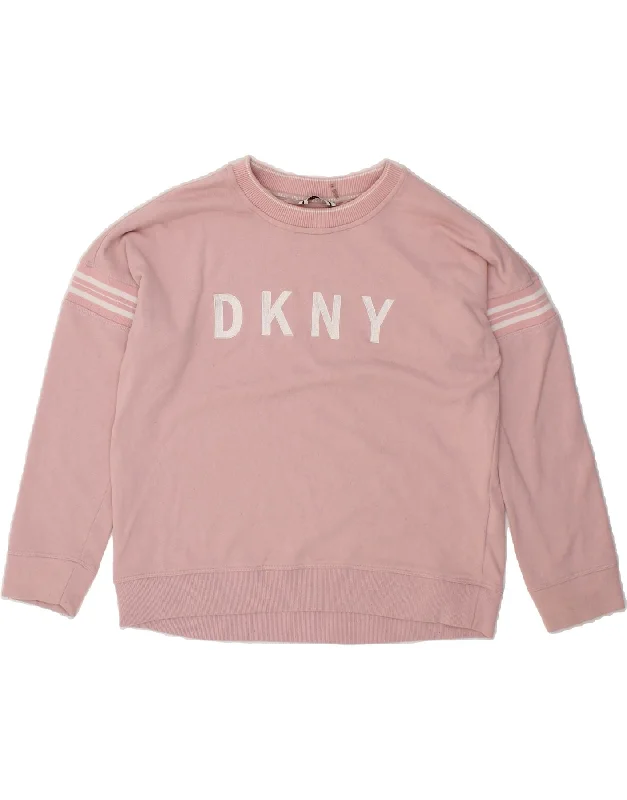 DKNY Womens Oversized Graphic Sweatshirt Jumper UK 14 Medium Pink Cotton Hoodie with Hem Lace Feminine Delicate