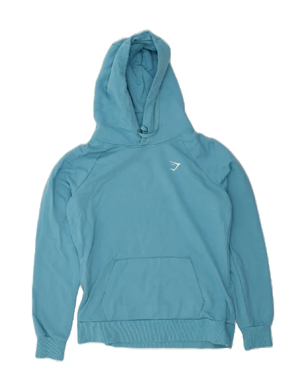 GYMSHARK Womens Hoodie Jumper UK 14 Medium Blue Cotton Hoodie with Strings Custom Fit Adjustable