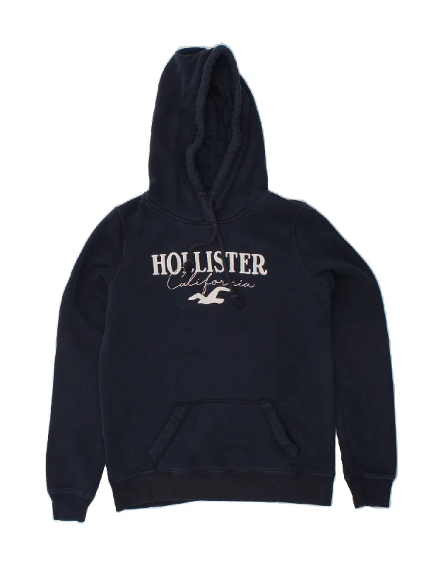 HOLLISTER Mens Graphic Hoodie Jumper Small Navy Blue Cotton Hoodie with Lining Warm Insulated