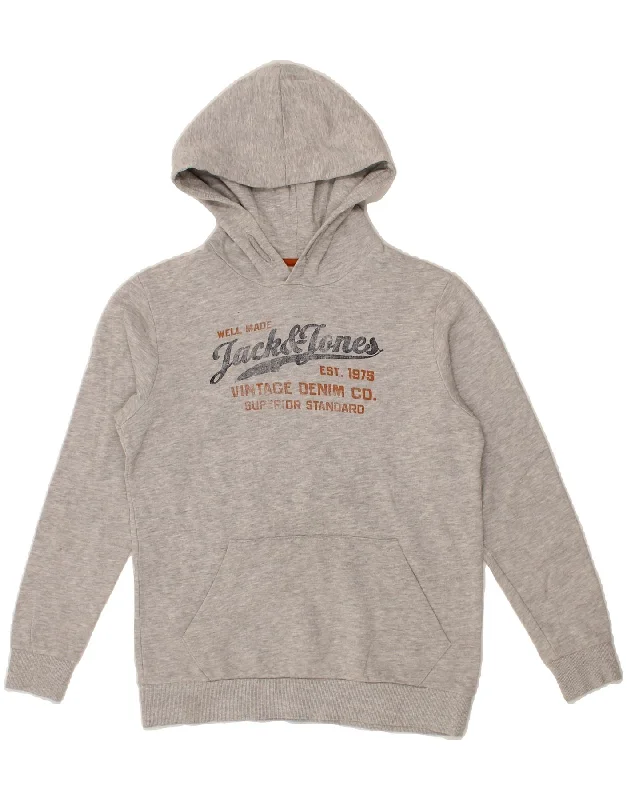 JACK & JONES Boys Graphic Hoodie Jumper 13-14 Years Grey Cotton Hoodie with Frayed Bohemian Relaxed