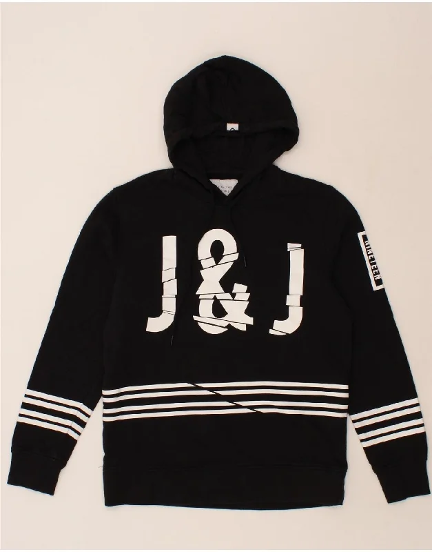 JACK & JONES Mens Graphic Hoodie Jumper Large Black Cotton Hoodie with Crew Neck Simple Timeless