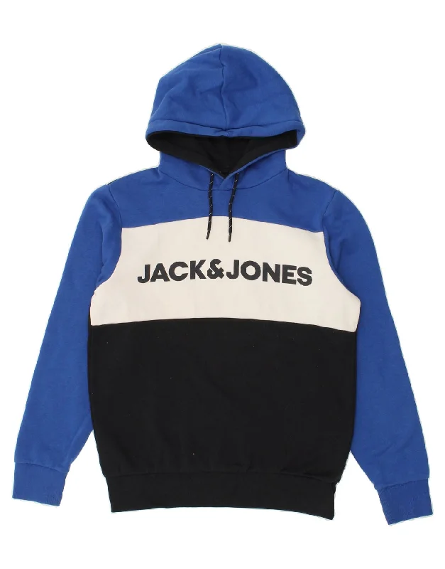 JACK & JONES Mens Graphic Hoodie Jumper Medium Blue Colourblock Cotton Hoodie with Sequins Glamorous Eye-catching