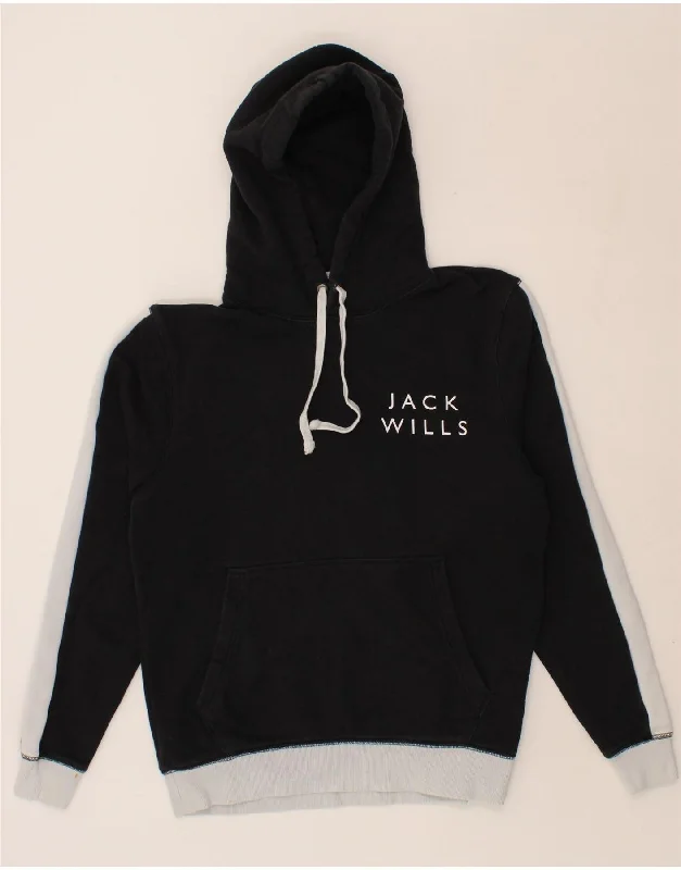 JACK WILLS Mens Graphic Hoodie Jumper XS Black Colourblock Cotton Hoodie with Cuffed Sleeves Snug Secure