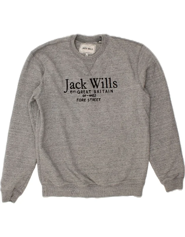 JACK WILLS Mens Graphic Sweatshirt Jumper Medium Grey Flecked Cotton Hoodie with Button Classic Timeless