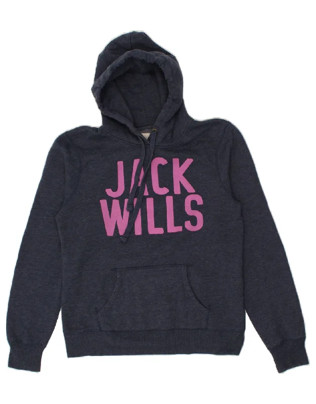 JACK WILLS Womens Graphic Hoodie Jumper UK 14 Large  Navy Blue Cotton Hoodie with Distressed Vintage Worn