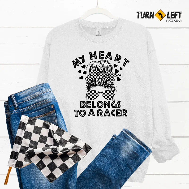 My Heart Belongs To A Racer Messy Bun Sweatshirt Hoodie with Stripes Bold Sporty