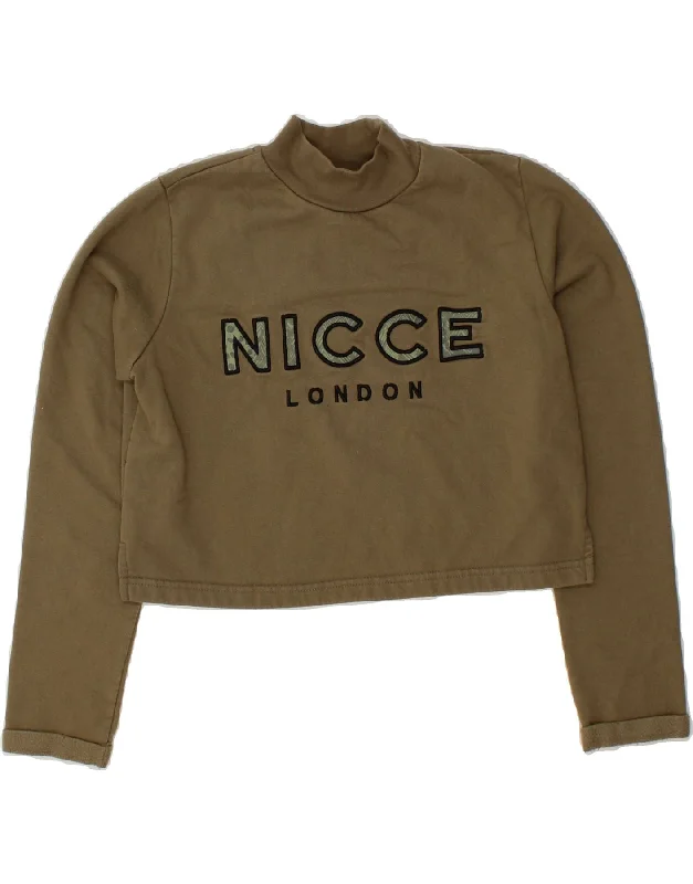 NICCE Womens Crop Graphic Sweatshirt Jumper UK 10 Small Khaki Cotton Hoodie with Turtle Neck Cozy Winter