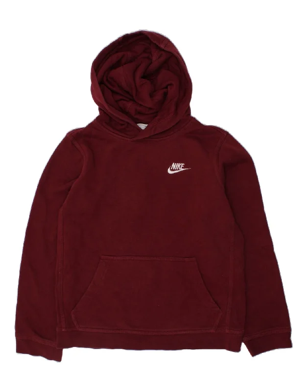 NIKE Boys Hoodie Jumper 10-11 Years Medium Burgundy Cotton Hoodie with Hem Contrast Bold Stylish