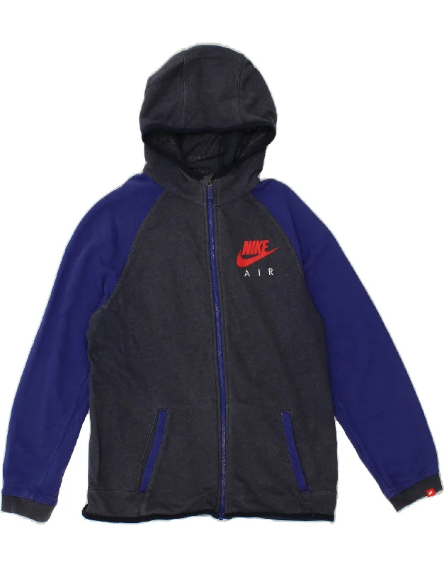 NIKE Boys Zip Hoodie Sweater 13-14 Years XL Navy Blue Colourblock Cotton Hoodie with Full-Zip Functional Layering