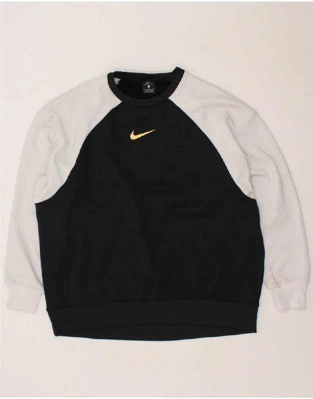 NIKE Mens Dri Fit Sweatshirt Jumper Large Black Colourblock Polyester Hoodie with Front Slit Layering Stylish