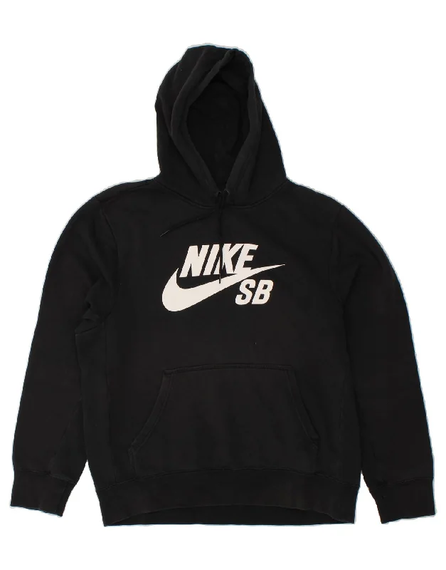 NIKE Mens Graphic Hoodie Jumper Large Black Cotton Hoodie with Hem Patch Decorative Personalized