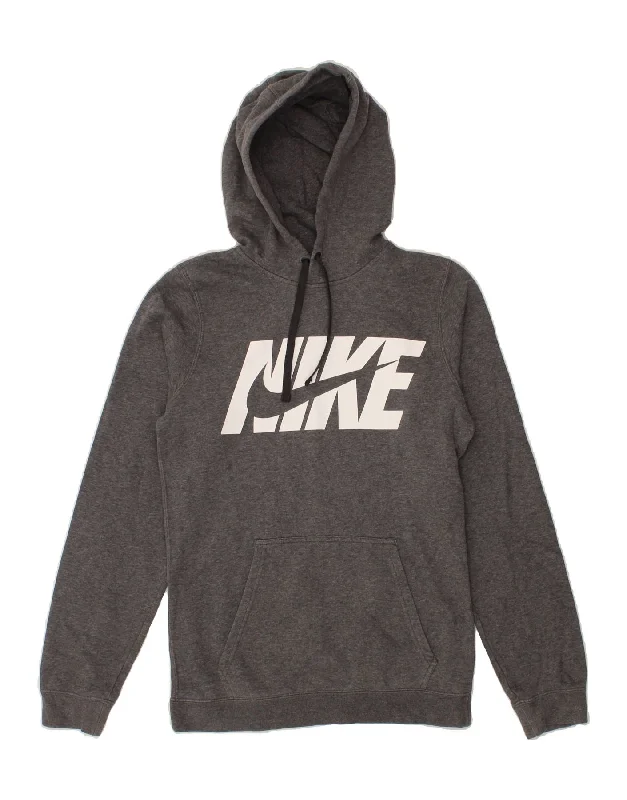 NIKE Mens Graphic Hoodie Jumper XS Grey Cotton Hoodie with Puffed Sleeves Voluminous Trendy