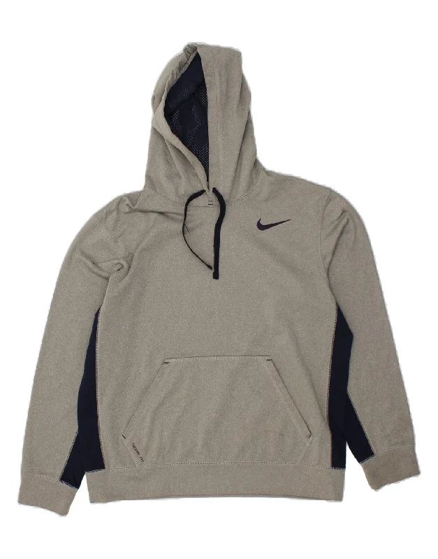 NIKE Mens Therma-Fit Hoodie Jumper Medium Grey Colourblock Polyester Hoodie with Hem Applique Textured Unique