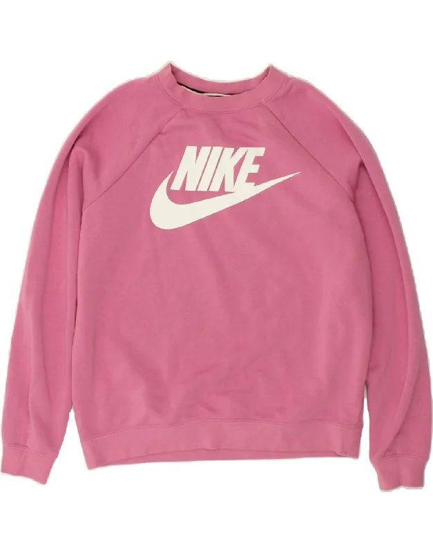 NIKE Womens Graphic Sweatshirt Jumper UK 14 Medium Pink Cotton Hoodie with High Neck Warm Protective