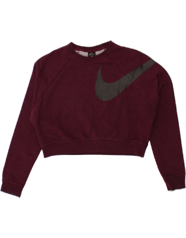 NIKE Womens Oversized Crop Graphic Sweatshirt Jumper UK 10 Small Burgundy Hoodie with Hem Frayed Vintage Worn