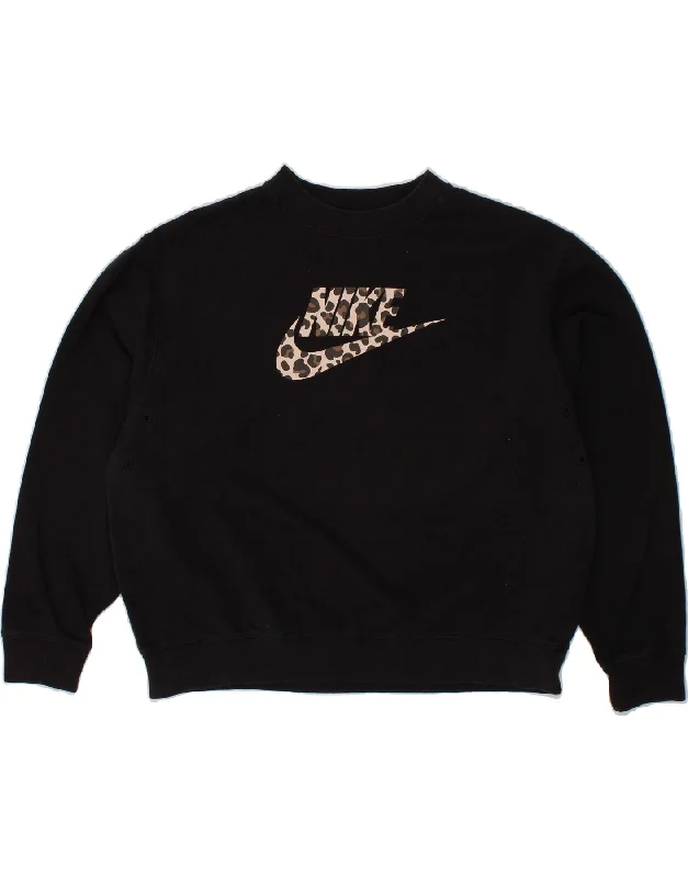 NIKE Womens Oversized Graphic Sweatshirt Jumper UK 10 Small Black Cotton Hoodie with Velcro Closure Adjustable Secure