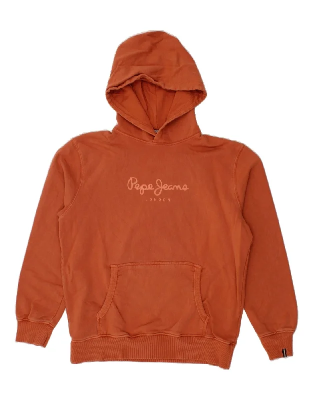 PEPE JEANS Mens Graphic Hoodie Jumper Large Brown Cotton Hoodie with Side Slits Relaxed Casual