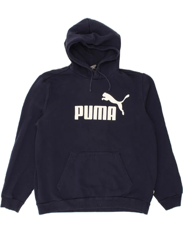 PUMA Mens Graphic Hoodie Jumper Large Navy Blue Cotton Hoodie with Mesh Breathable Sporty