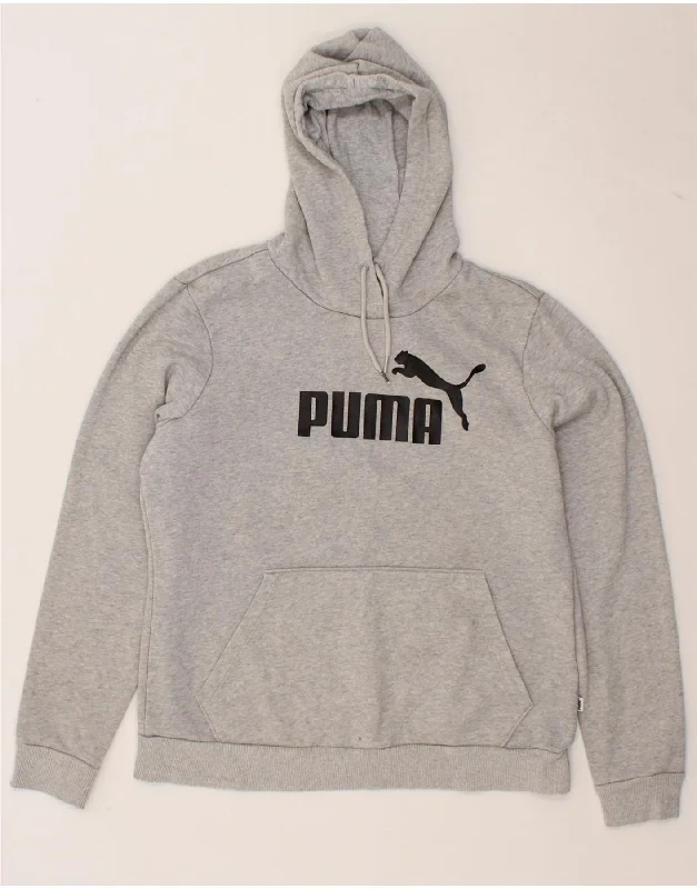 PUMA Womens Graphic Hoodie Jumper UK 14 Large Grey Cotton Hoodie with Raw Hem Edgy Unfinished