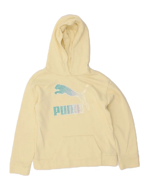 PUMA Womens Graphic Hoodie Jumper US 12/14 Large Beige Cotton Hoodie with Bell Sleeves Flared Feminine