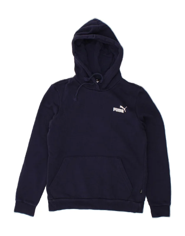 PUMA Womens Hoodie Jumper UK 10 Small Navy Blue Cotton Hoodie with Slit Hem Functional Movement