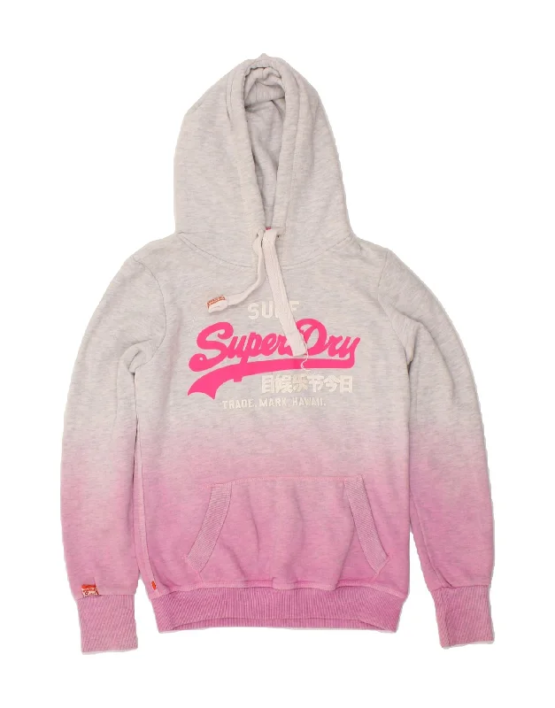 SUPERDRY Womens Graphic Hoodie Jumper UK 10 Small Grey Colourblock Cotton Hoodie with Crew Neck Simple Timeless