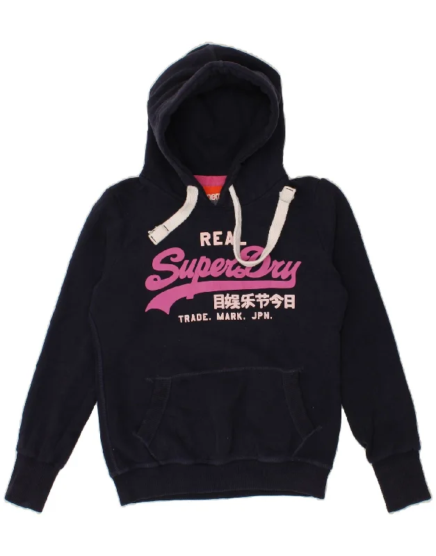 SUPERDRY Womens Graphic Hoodie Jumper UK 14 Medium Navy Blue Cotton Hoodie with Logo Branding Identity