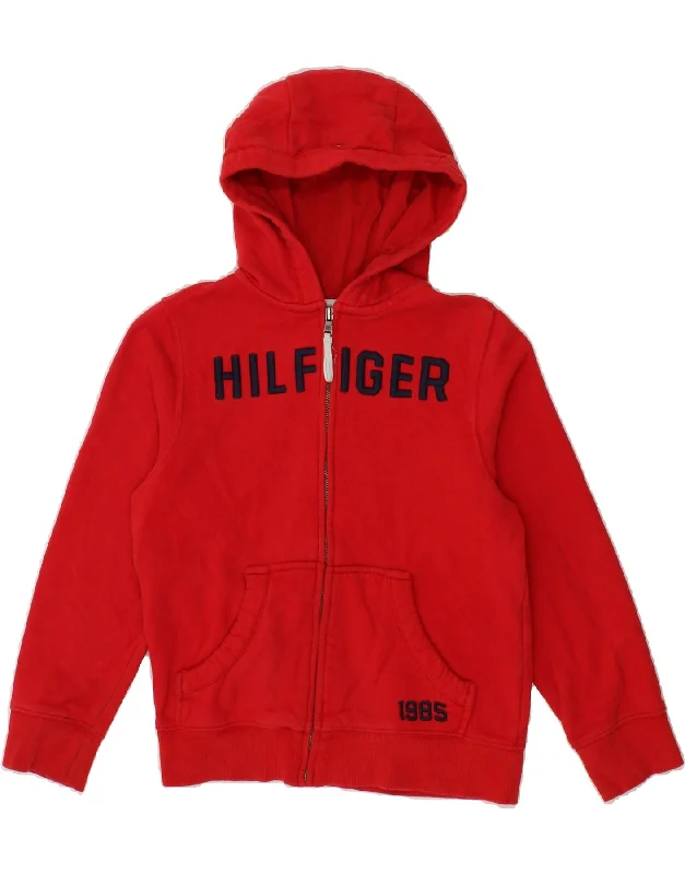 TOMMY HILFIGER Boys Graphic Zip Hoodie Sweater 8-9 Years Medium Red Cotton Hoodie with Exposed Zipper Edgy Industrial