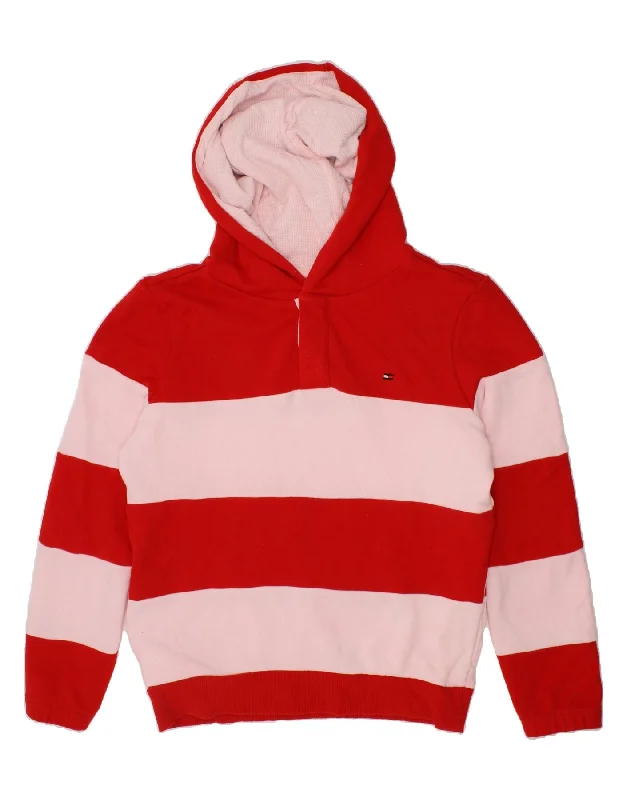 TOMMY HILFIGER Girls Graphic Hoodie Jumper 9-10 Years Red Striped Cotton Hoodie with Button Classic Timeless