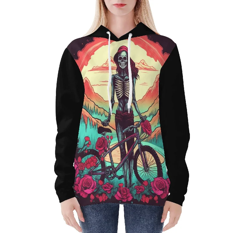 Women's Hoodie | Skull roses MTB Hoodie with Rolled Sleeves Casual Relaxed