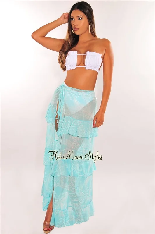 Aqua White Palm Print Tie Up Ruffle Maxi Skirt Cover Up wool skirt breathable