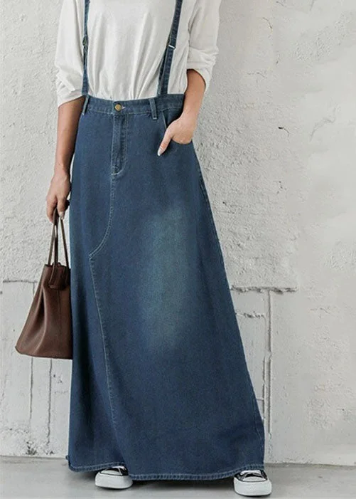 Bohemian Blue Pockets Patchwork Denim Maxi Skirts Spring wool skirt thick