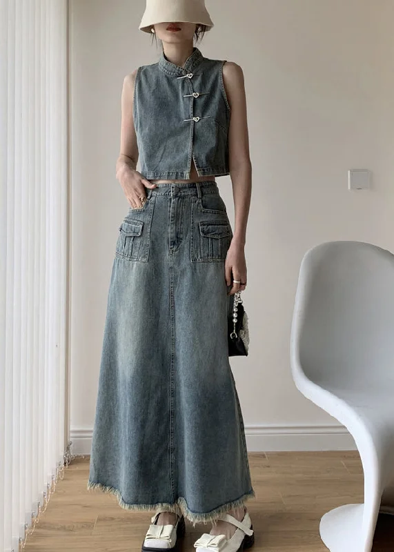 Boutique Blue Stand Collar Tops And Skirts Denim Two Pieces Set Sleeveless asymmetrical skirt cut