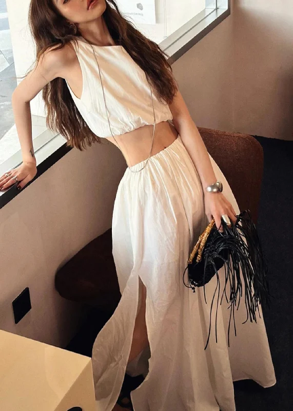 Brief White O-Neck Vest And Side Open Maxi Skirts Two Piece Set Summer lace skirt feminine