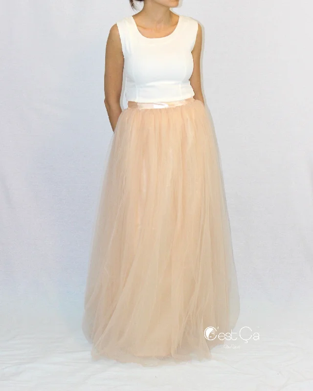 Claire Beige Soft Tulle Skirt - Maxi silk skirt lustrous