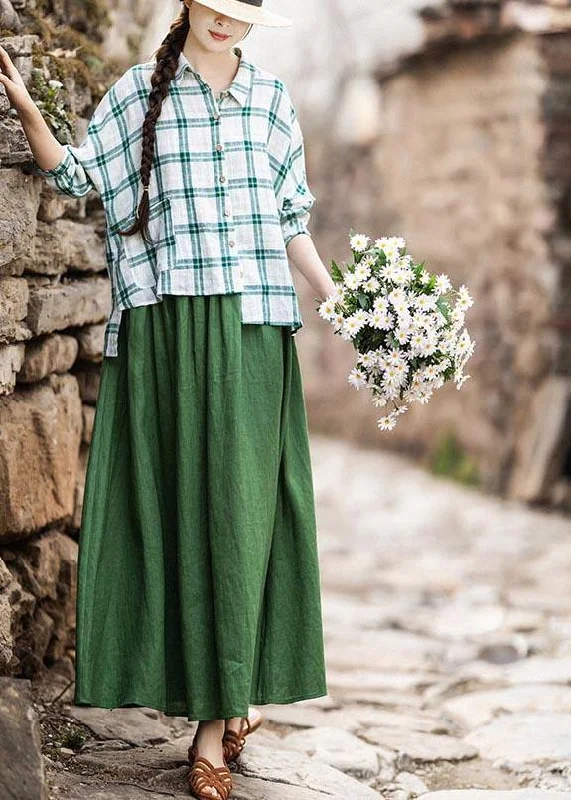 Fashion Green Elastic Waist A Line Skirts Summer Linen wool skirt warm