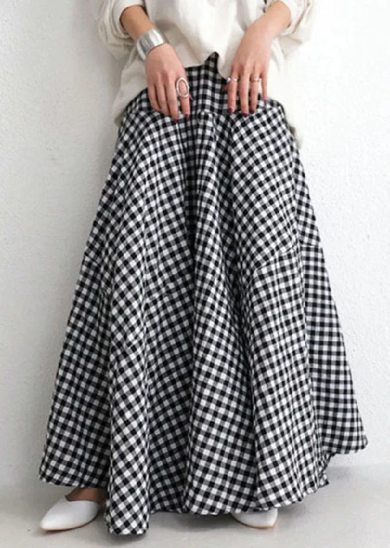 French Black White Plaid Wrinkled Patchwork Cotton Skirts Summer leather skirt refined