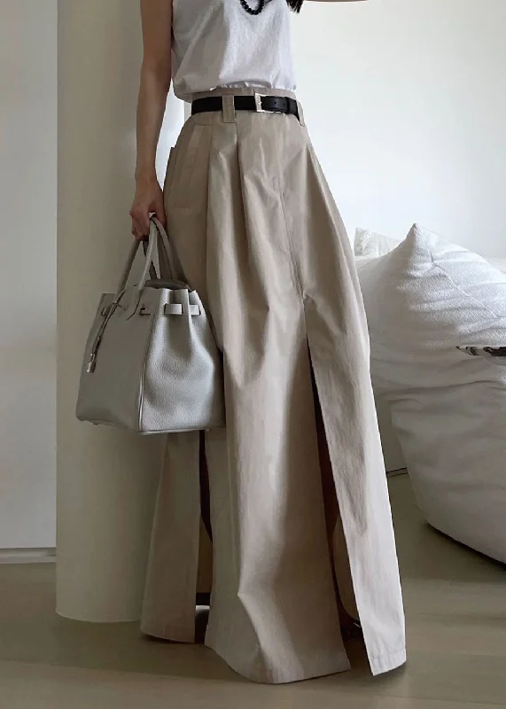 French Khaki Wrinkled Pockets Side Open Patchwork Cotton Maxi Skirts Fall tulle skirt dreamy