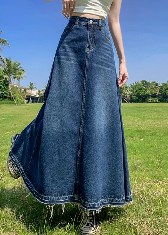 Modern Blue Pockets High Waist Patchwork Denim A Line Skirts Summer denim skirt fashionable