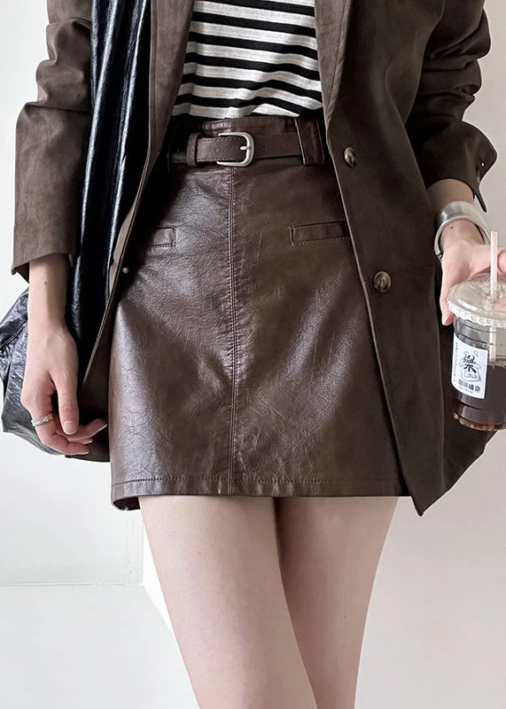 Modern Coffee Zippered High Waist Faux Leather Skirt Fall spandex blend skirt