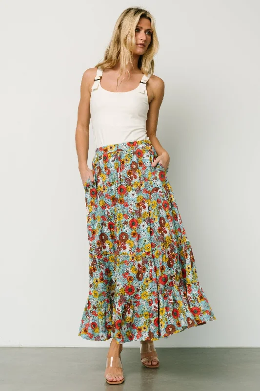 Reilly Maxi Skirt | Teal Flower Print chiffon skirt airy